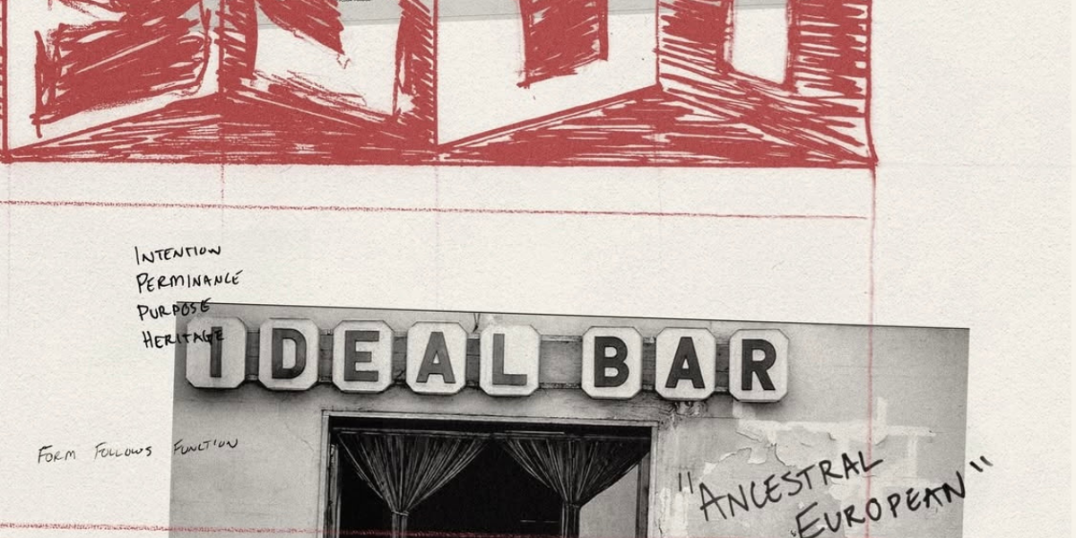 ROSY design-development board exploring the 'Ancestral European' concept, layered over a photo of the historic Ideal Bar sign